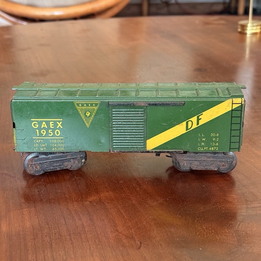 Vintage Marx O Gauge GAEX 1950 Green Tin Litho Boxcar Sliding Door Train Car